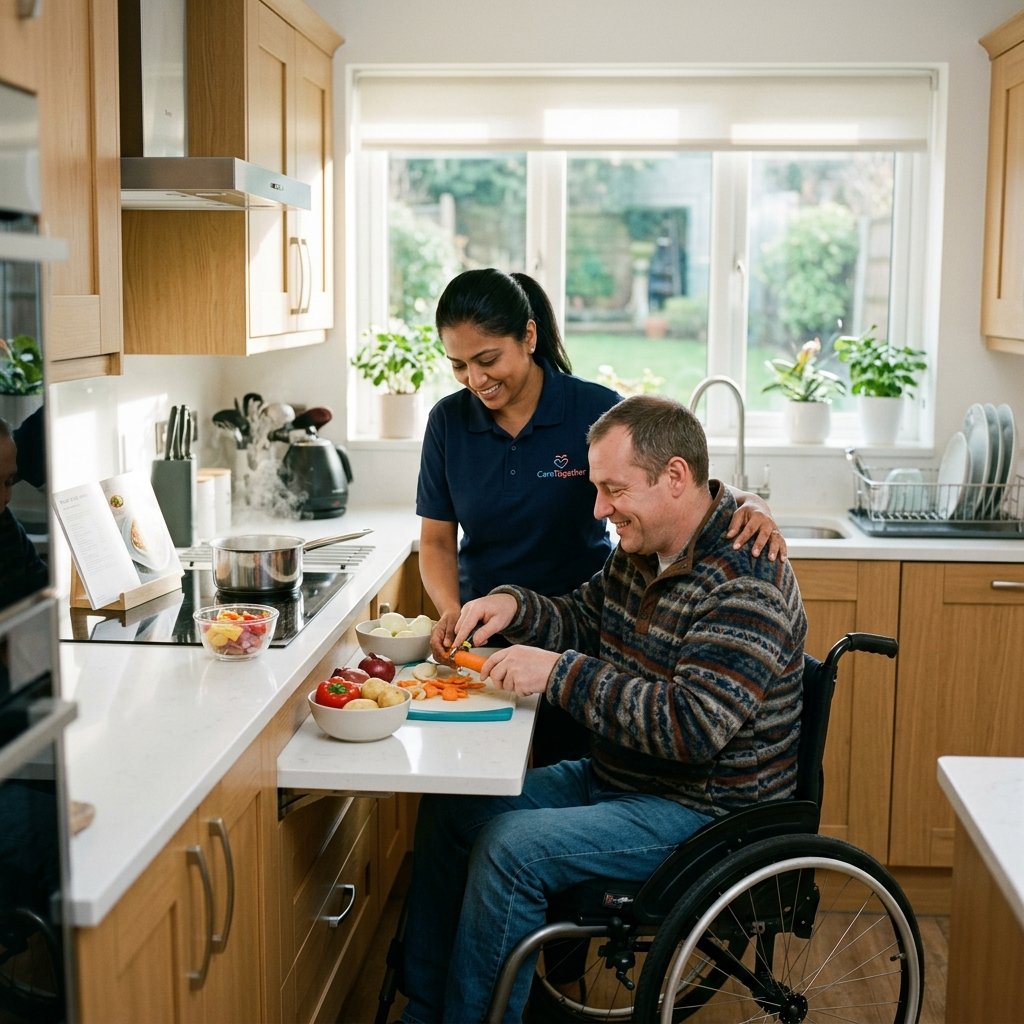 Care worker helping prepare a meal in a bright kitchen