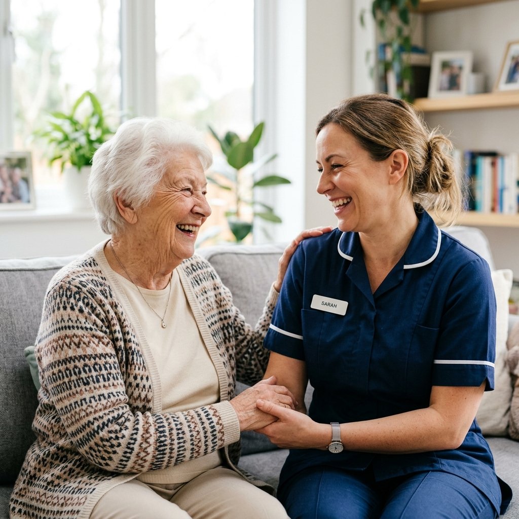 Carer sharing a warm moment with a senior person in a living room
