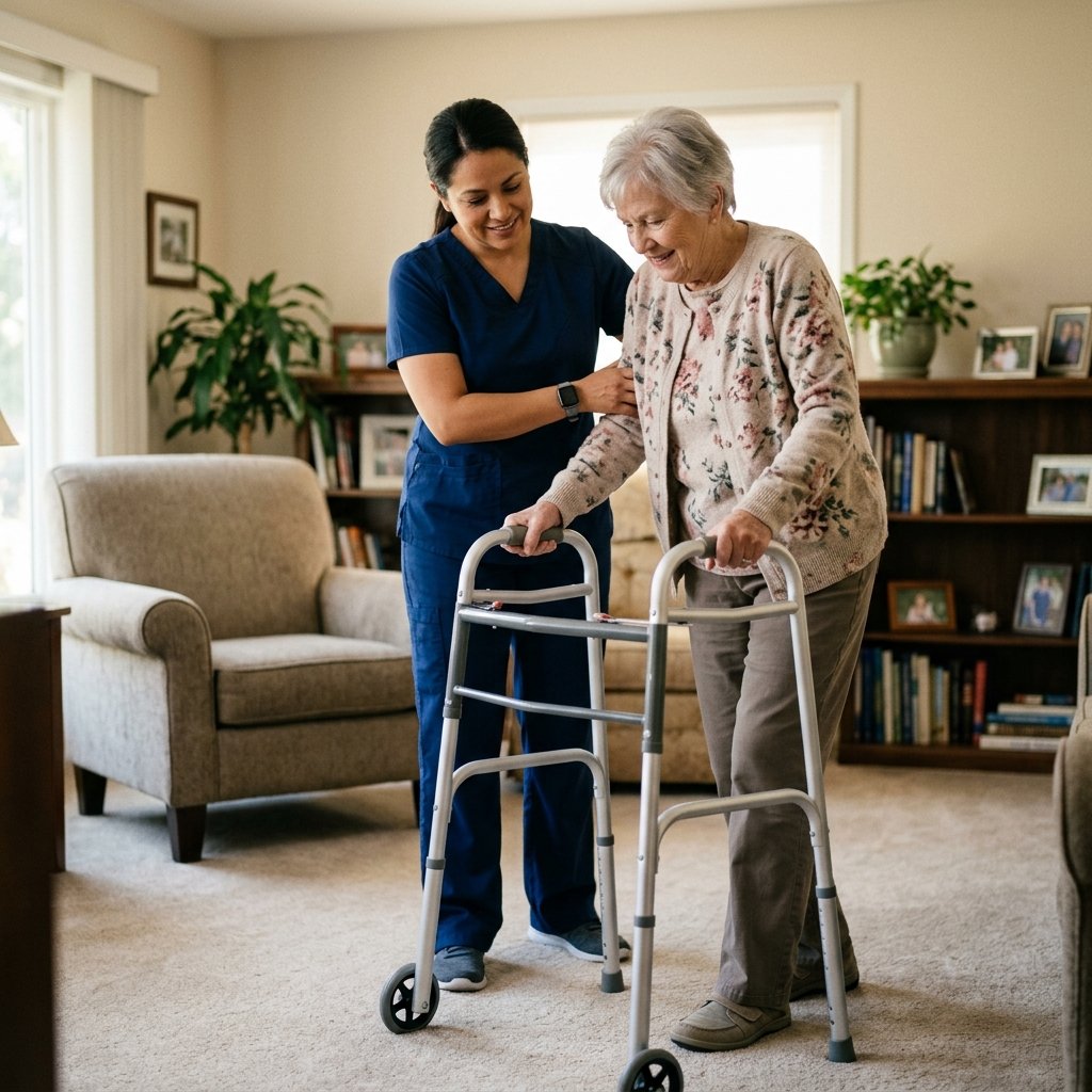 Caregiver helping client walk safely in their home