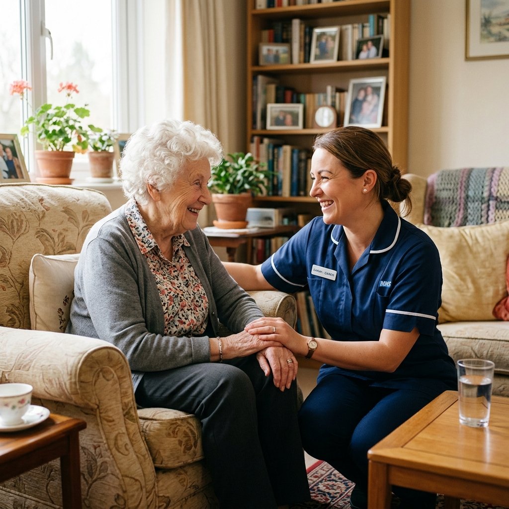 A professional caregiver supporting an elderly client in a comfortable home setting in Manchester
